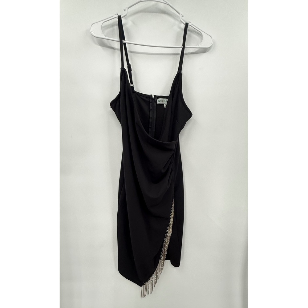 Almost Famous XL Mini Dress Womens Black Rhinestone Fringe Wrap Front Cocktail‎